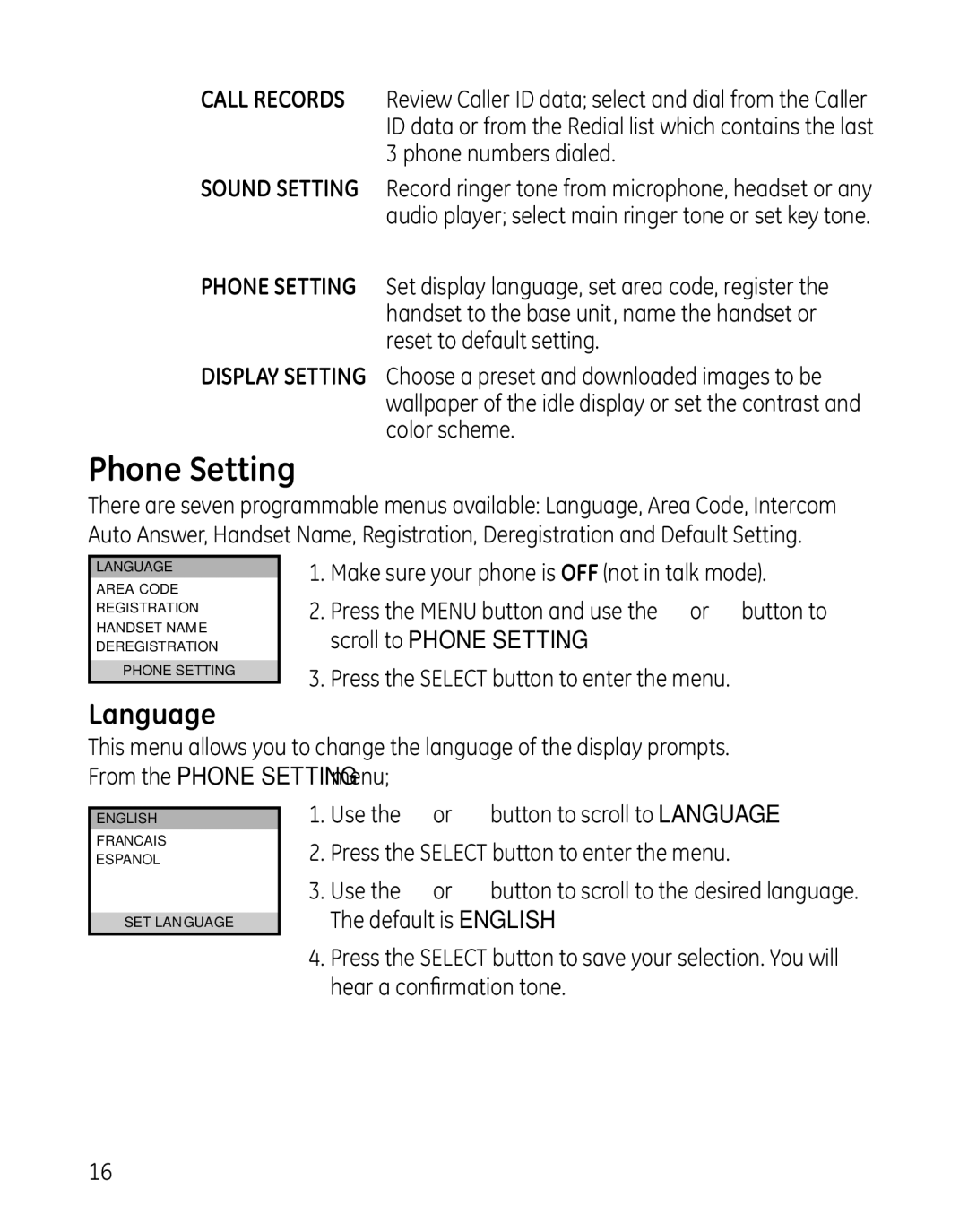 GE 28041xx4, 8011, 28041xx2, 28041xx1, 28041xx3, 00008005 manual Phone Setting, Language 