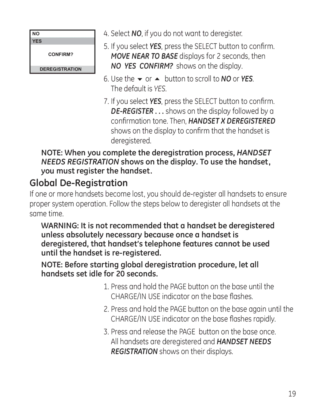 GE 28041xx3 Global De-Registration, Select NO, if you do not want to deregister, No YES CONFIRM? shows on the display 