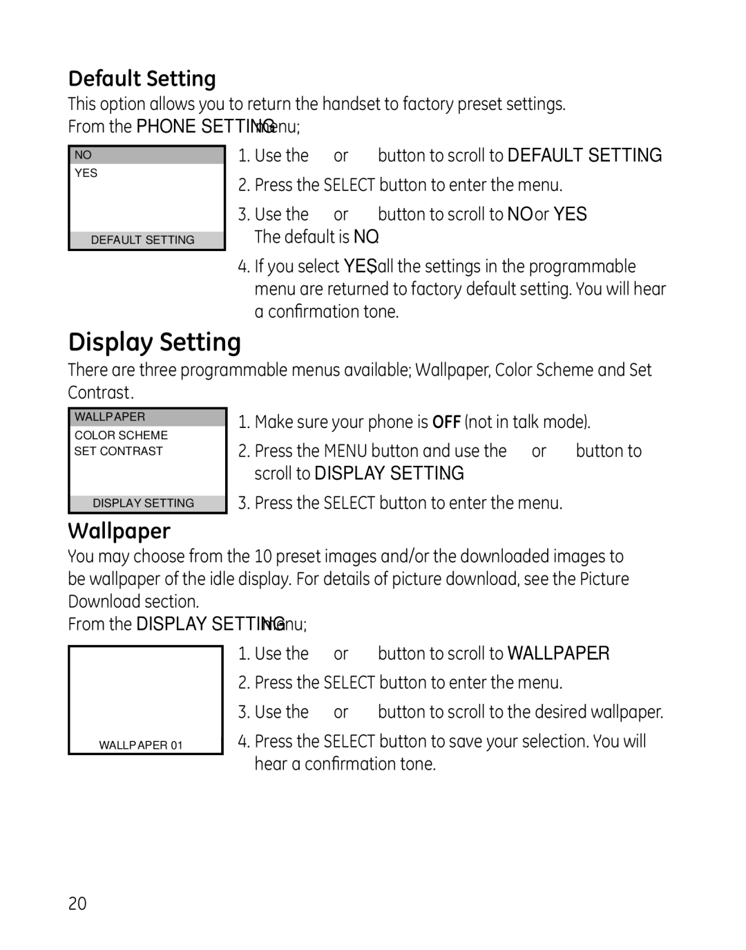 GE 00008005, 8011, 28041xx4, 28041xx2, 28041xx1, 28041xx3 manual Display Setting, Default Setting, Wallpaper 