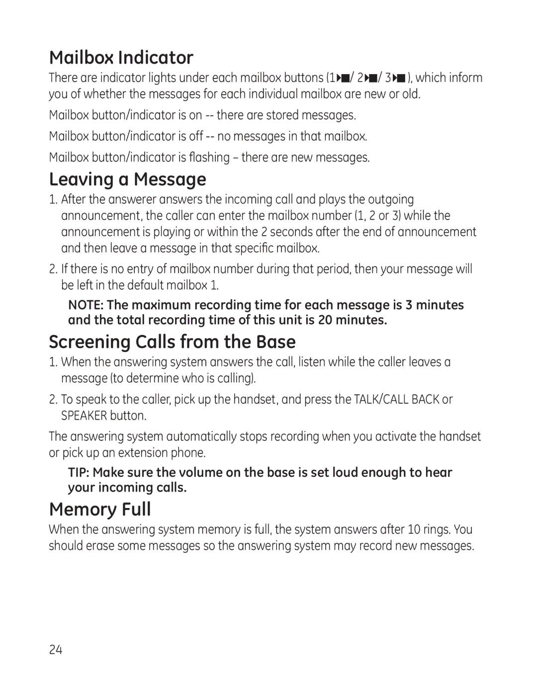 GE 28041xx2, 8011, 28041xx4, 28041xx1 manual Mailbox Indicator, Leaving a Message, Screening Calls from the Base, Memory Full 