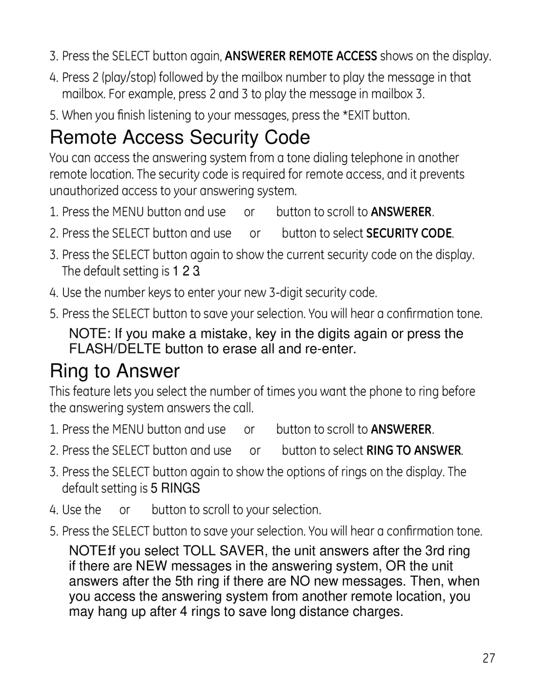 GE 00008005, 8011, 28041xx4, 28041xx2, 28041xx1, 28041xx3 manual Remote Access Security Code, Ring to Answer 