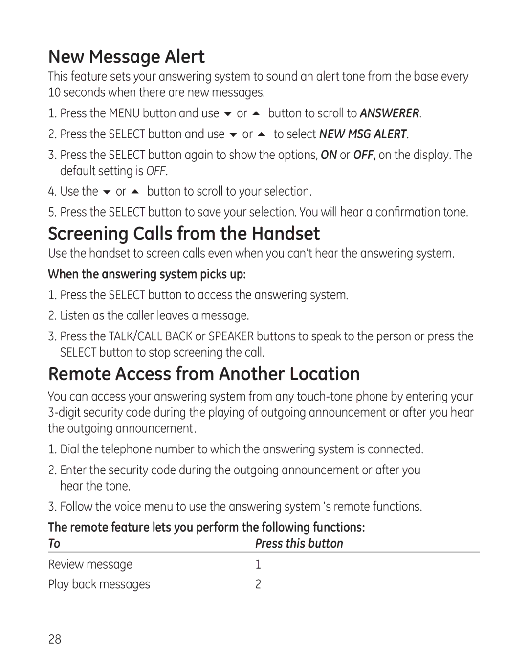 GE 8011, 28041xx4, 28041xx2 New Message Alert, Screening Calls from the Handset, Remote Access from Another Location 