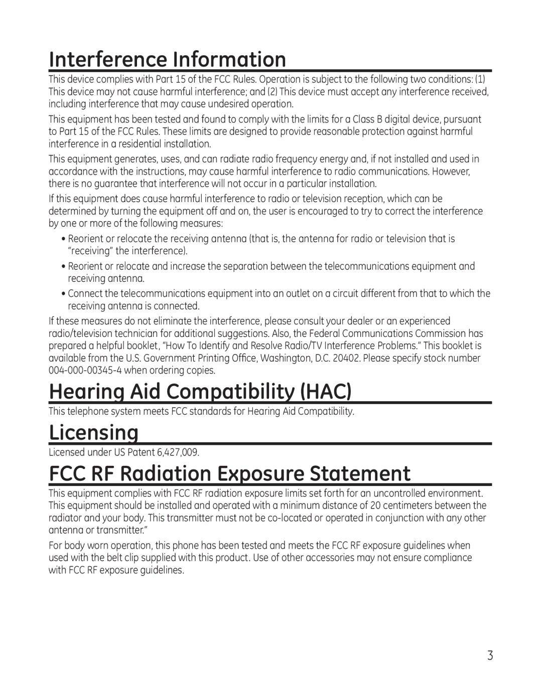 GE 28041xx2, 8011 Interference Information, Hearing Aid Compatibility HAC, Licensing, FCC RF Radiation Exposure Statement 