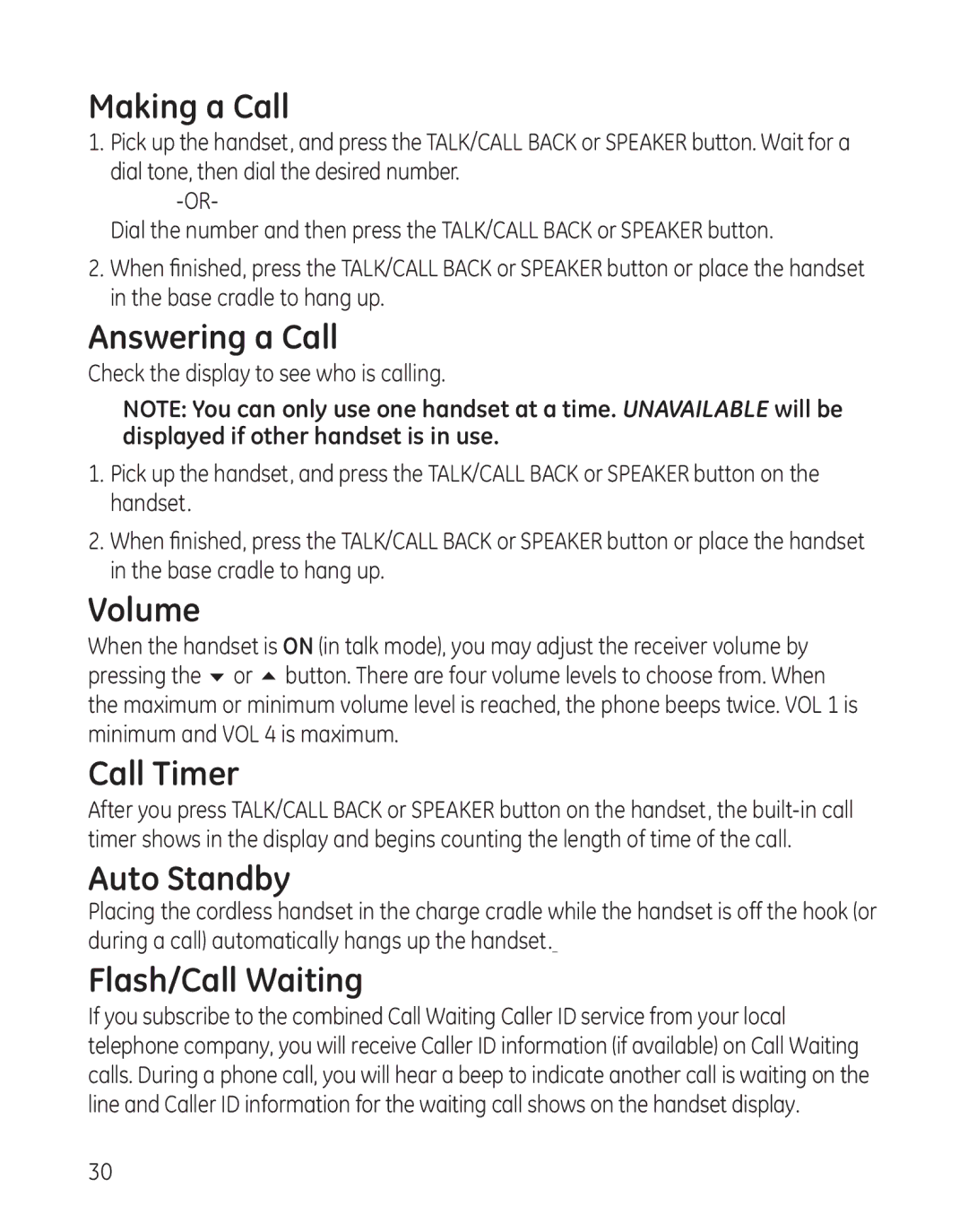 GE 28041xx4, 8011, 28041xx2, 28041xx1 Making a Call, Answering a Call, Volume, Call Timer, Auto Standby, Flash/Call Waiting 