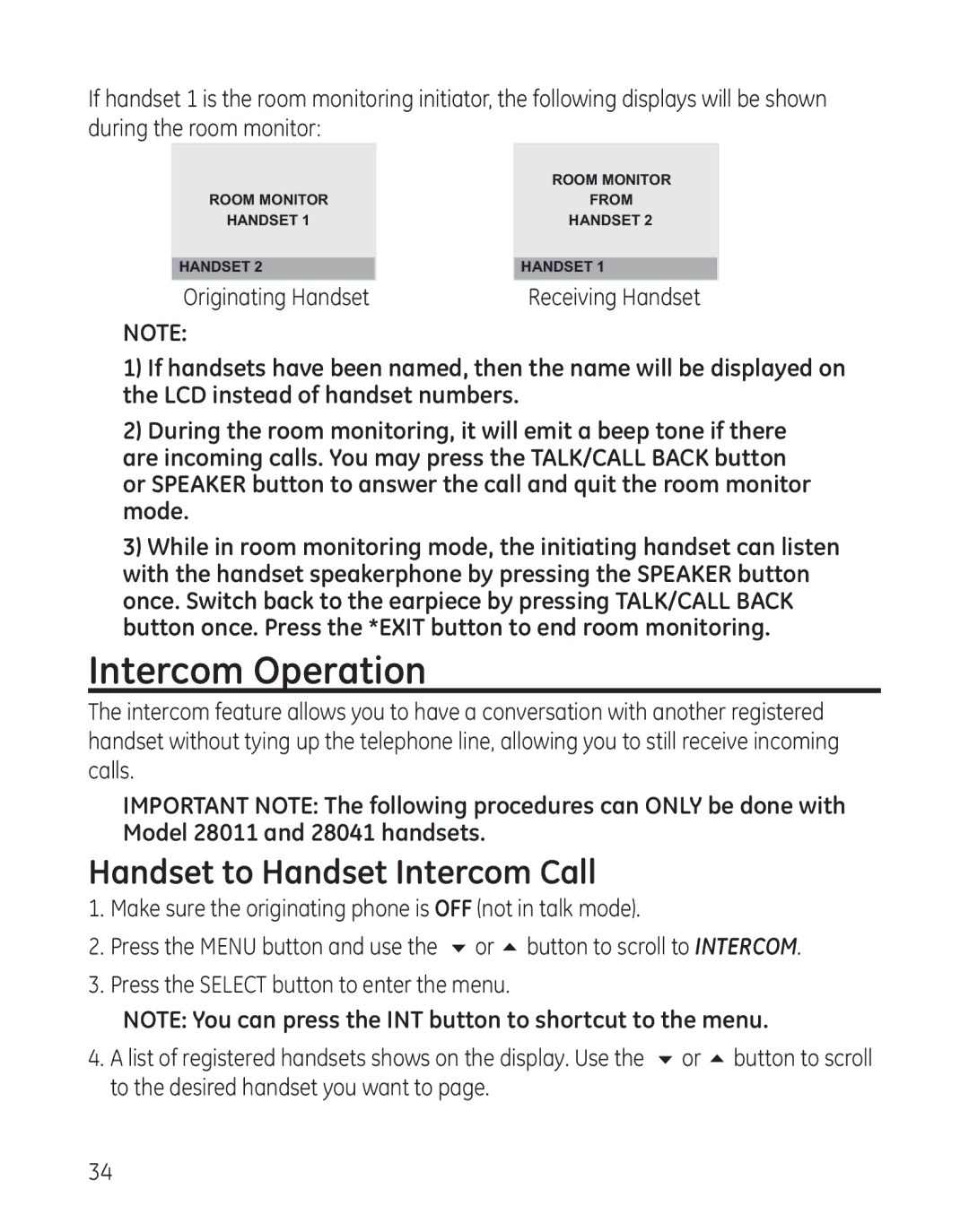 GE 00008005, 8011, 28041xx4, 28041xx2, 28041xx1, 28041xx3 manual Intercom Operation, Handset to Handset Intercom Call 