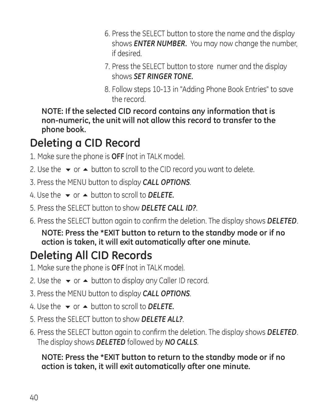 GE 28041xx3, 8011, 28041xx4, 28041xx2, 28041xx1, 00008005 manual Deleting a CID Record, Deleting All CID Records 