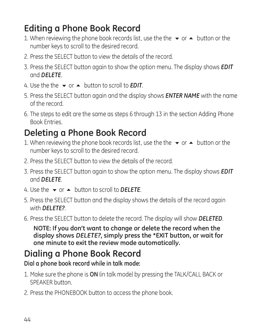 GE 28041xx4, 8011, 28041xx2, 28041xx1 Editing a Phone Book Record, Deleting a Phone Book Record, Dialing a Phone Book Record 