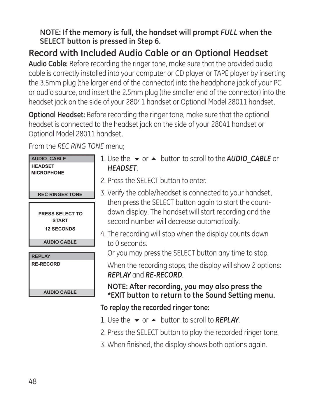 GE 00008005 Record with Included Audio Cable or an Optional Headset, Use the 6 or 5 button to scroll to the Audiocable or 