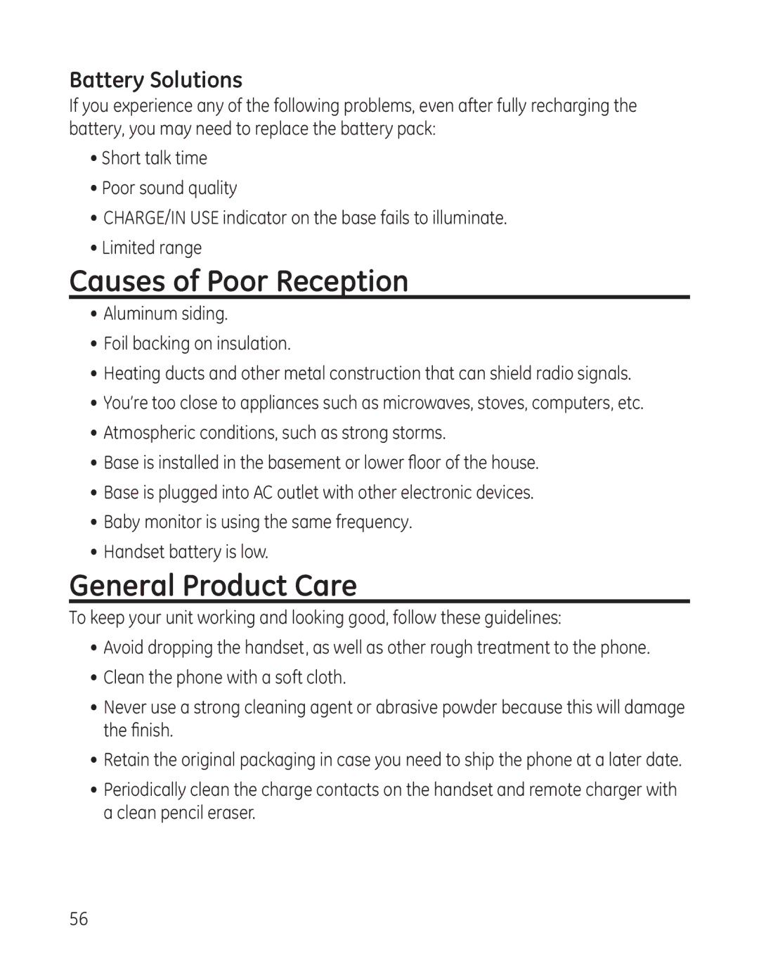 GE 8011, 28041xx4, 28041xx2, 28041xx1, 28041xx3, 00008005 Causes of Poor Reception, General Product Care, Battery Solutions 