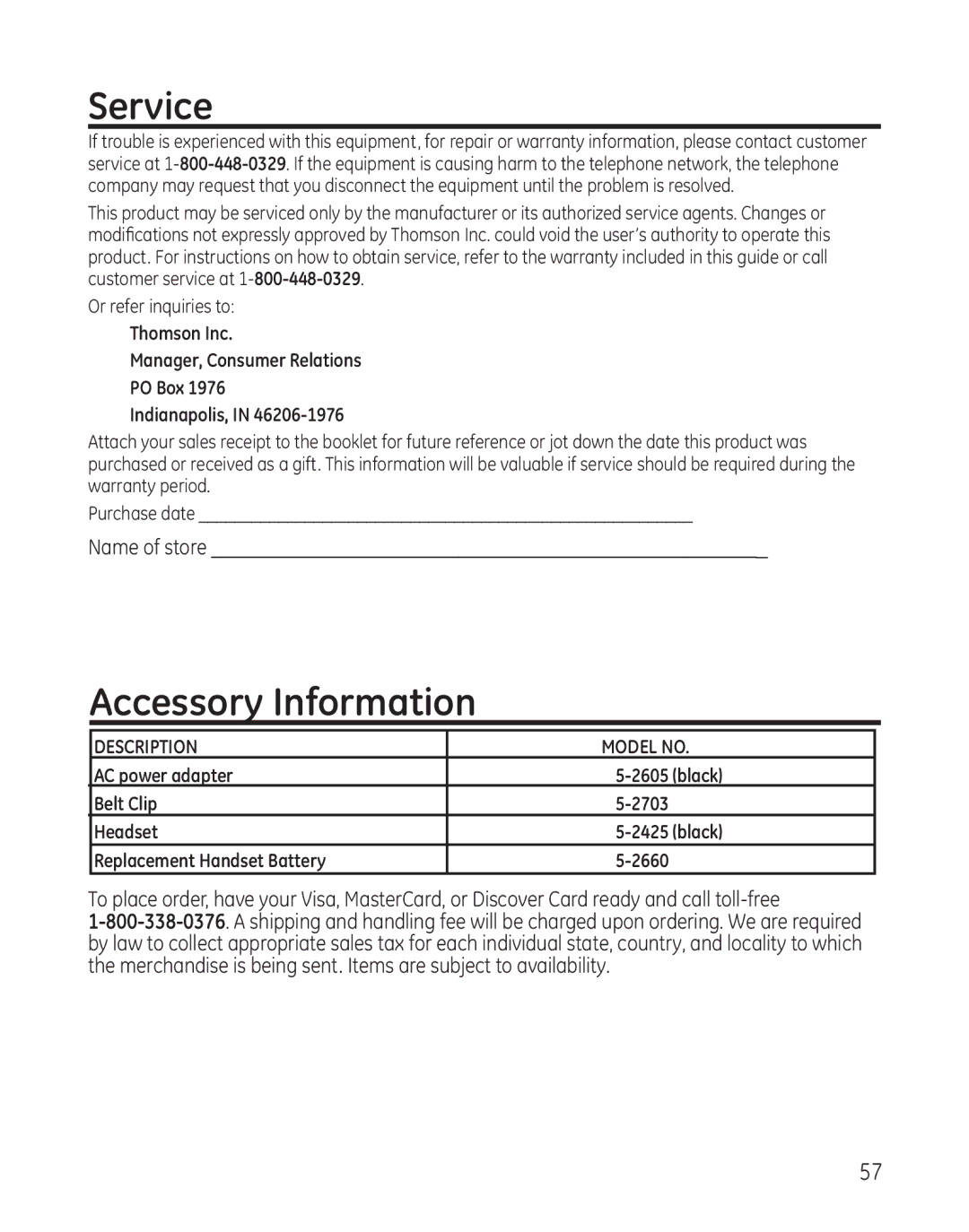 GE 8011, 28041xx4, 28041xx2, 28041xx1, 28041xx3, 00008005 manual Service, Accessory Information 