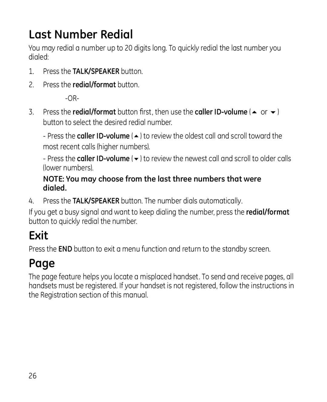 GE 28214xx2, 81, 28214xx1, 0008579 manual Last Number Redial, Exit, Press the redial/format button. -OR 