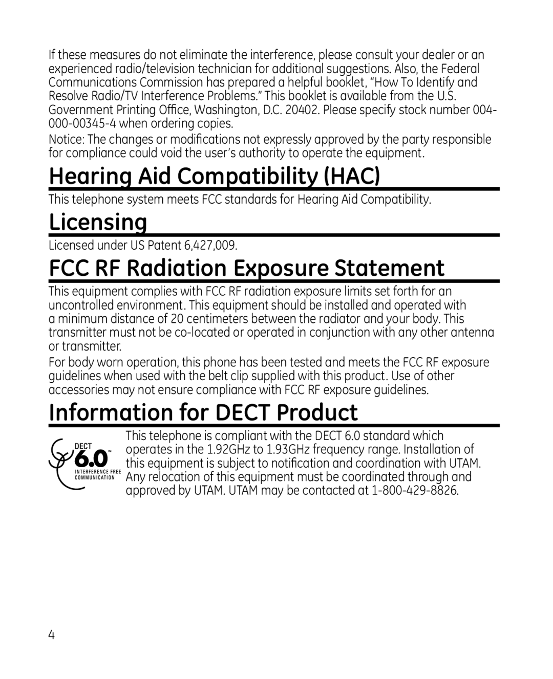 GE 0008579, 81 Hearing Aid Compatibility HAC, Licensing, FCC RF Radiation Exposure Statement, Information for Dect Product 