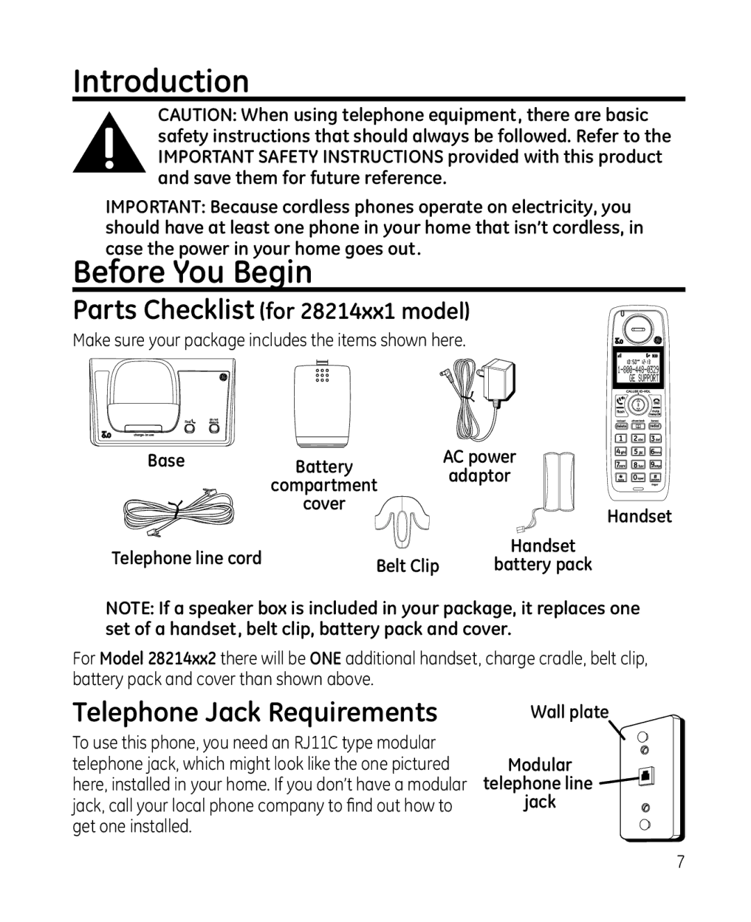 GE 81, 28214xx2, 0008579 Introduction, Before You Begin, Telephone Jack Requirements, Parts Checklist for 28214xx1 model 