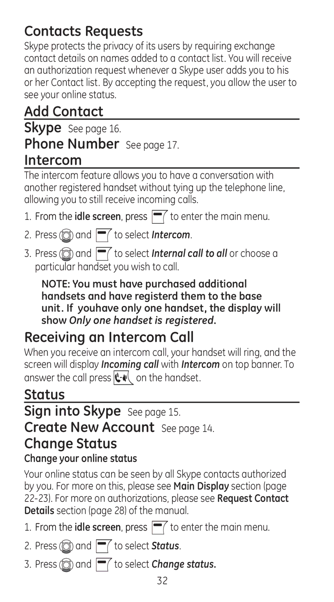 GE 810 Contacts Requests, Add Contact, Phone Number See Intercom, Receiving an Intercom Call, Change your online status 