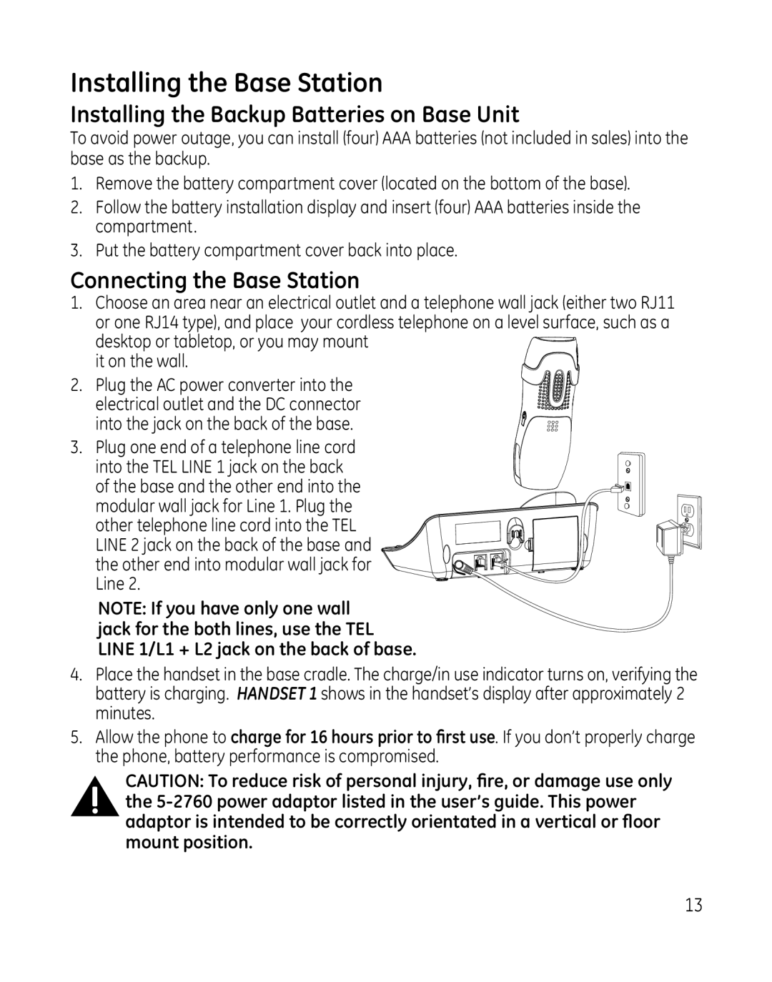 GE 28165xx2, 28166 Installing the Base Station, Installing the Backup Batteries on Base Unit, Connecting the Base Station 