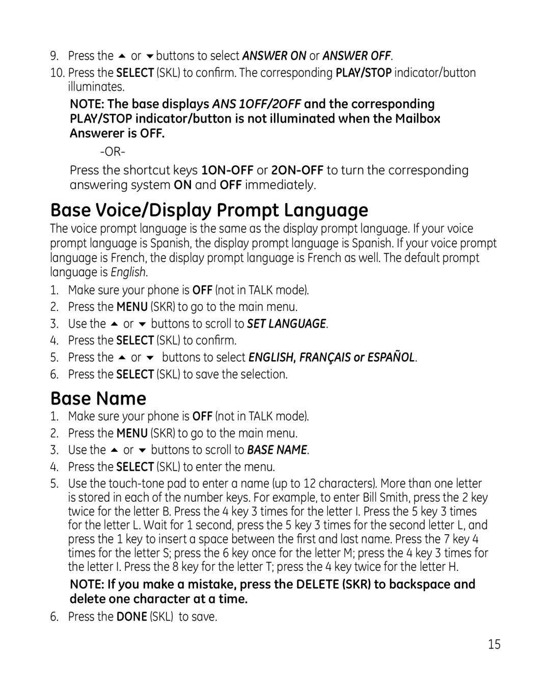 GE 28165xx5, 28165xx6, 28166, 28165xx3, 28165xx2, 28165xx4, 0007634 manual Base Voice/Display Prompt Language, Base Name 