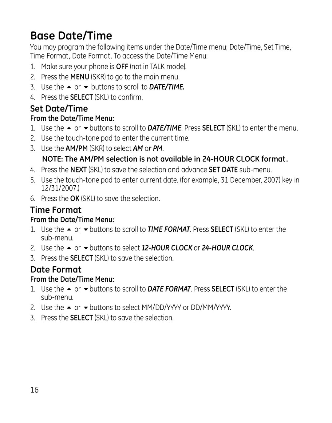 GE 28165xx4, 28165xx6, 28166, 28165xx3 manual Base Date/Time, Set Date/Time, Time Format, Date Format, From the Date/Time Menu 