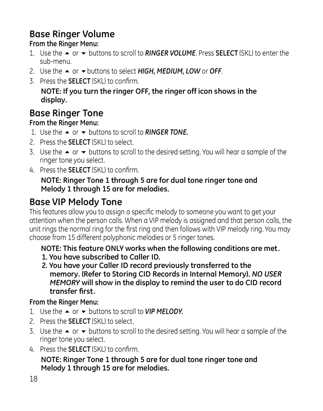 GE 28165xx6, 28166, 28165xx3, 28165xx2 Base Ringer Volume, Base Ringer Tone, Base VIP Melody Tone, From the Ringer Menu 