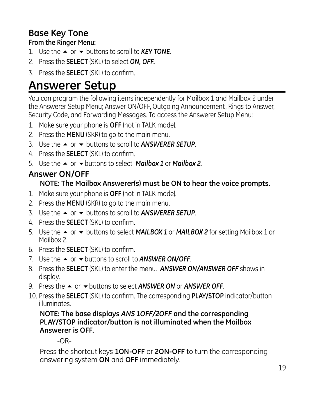 GE 28165xx6, 28166, 28165xx3, 28165xx2, 28165xx5, 28165xx4, 0007634 manual Answerer Setup, Base Key Tone, Answer ON/OFF 