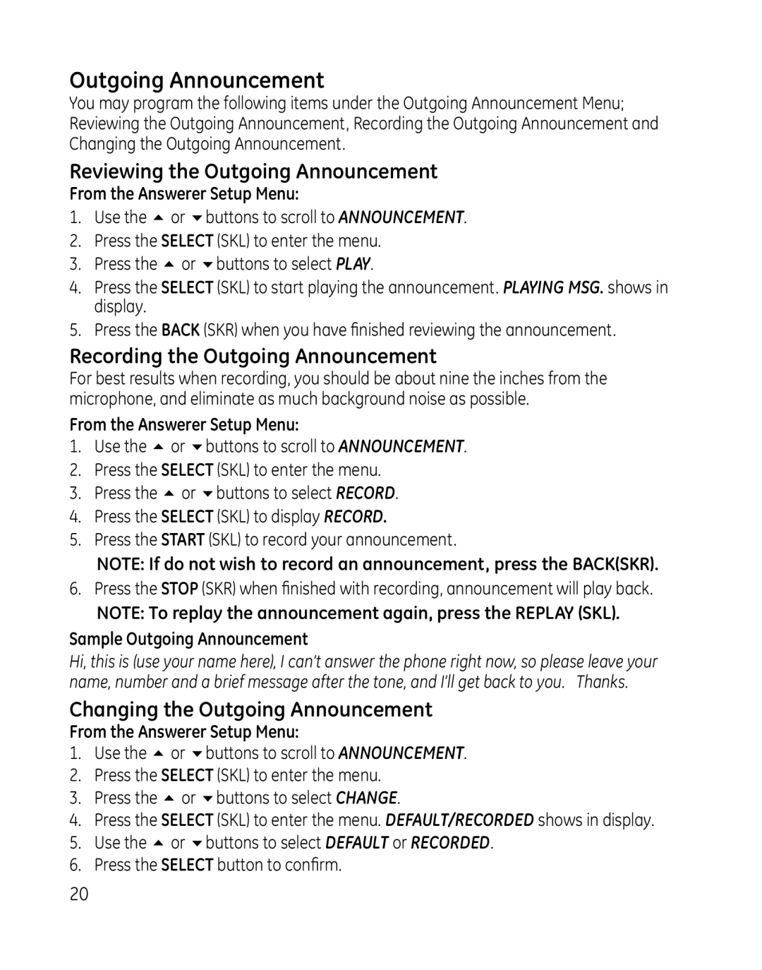 GE 28166 Reviewing the Outgoing Announcement, Recording the Outgoing Announcement, Changing the Outgoing Announcement 