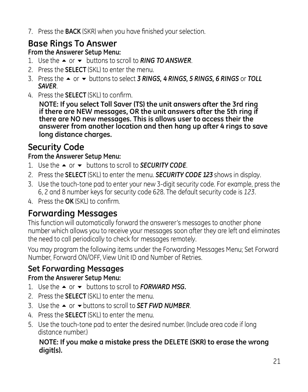 GE 28165xx3, 28165xx6, 28166, 28165xx2, 28165xx5, 28165xx4 Base Rings To Answer, Security Code, Set Forwarding Messages 