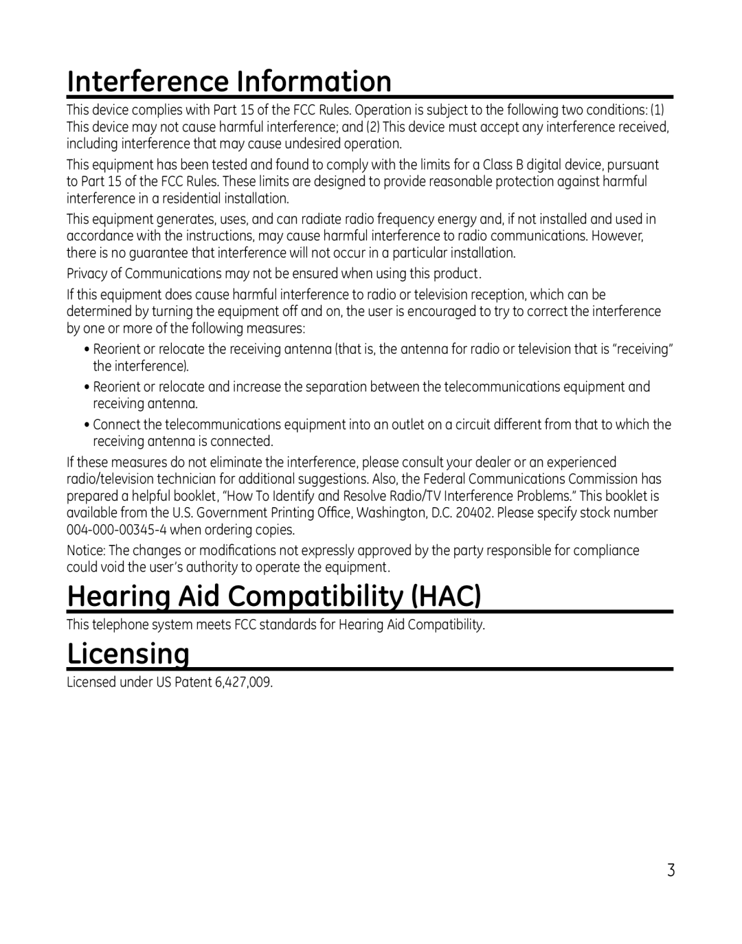 GE 28165xx3, 28165xx6, 28166, 28165xx2, 28165xx5, 28165xx4 Interference Information, Hearing Aid Compatibility HAC, Licensing 