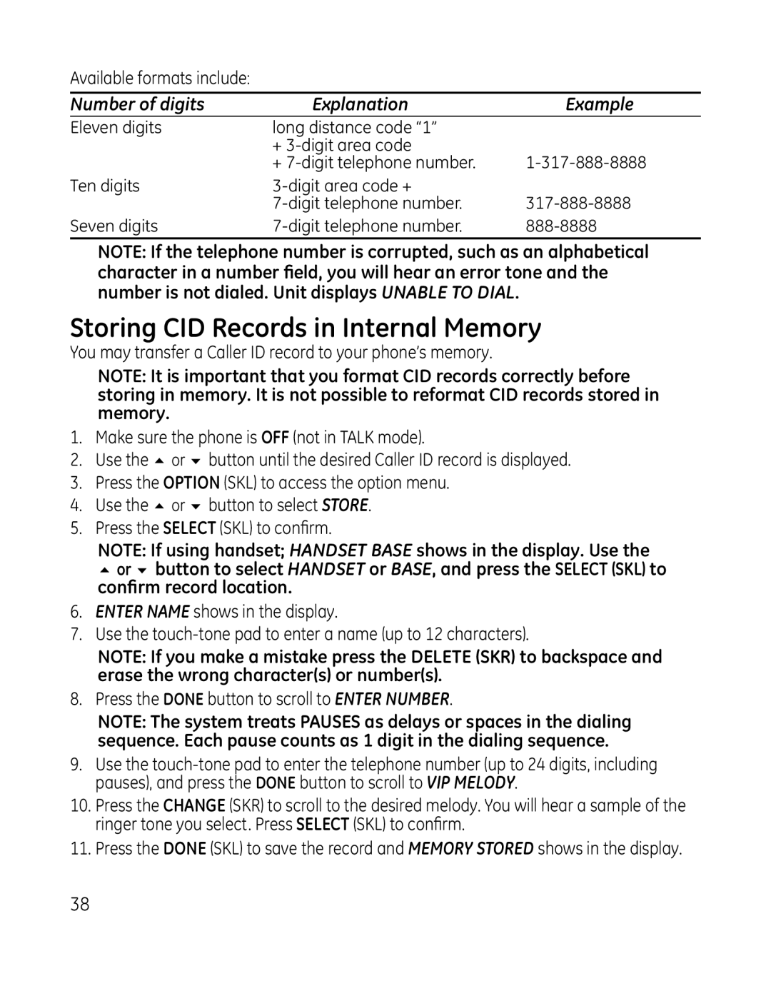 GE 28166, 28165xx6, 28165xx3, 28165xx2 manual Storing CID Records in Internal Memory, Number of digits Explanation Example 