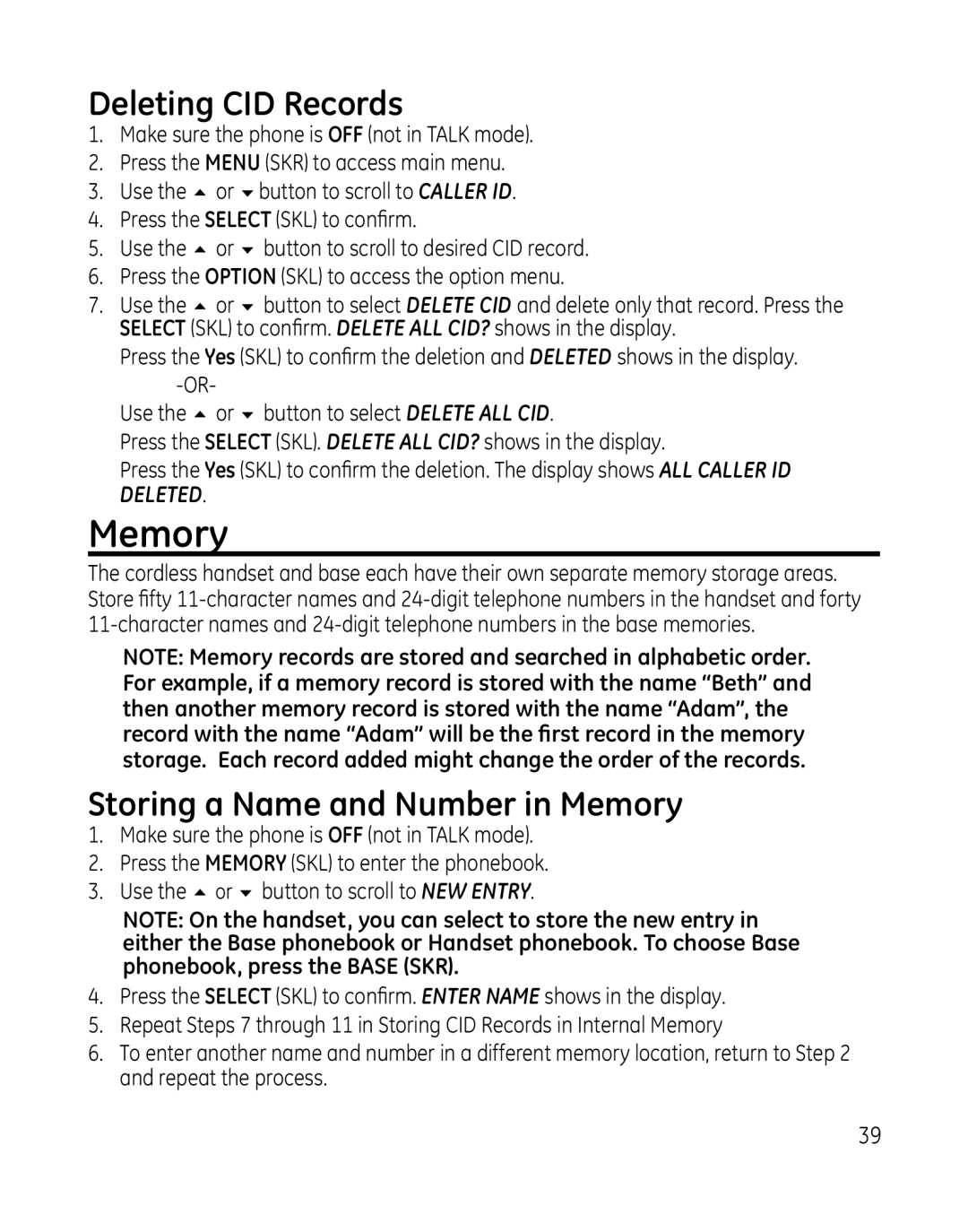 GE 28165xx3, 28165xx6, 28166, 28165xx2, 28165xx5, 28165xx4 manual Deleting CID Records, Storing a Name and Number in Memory 