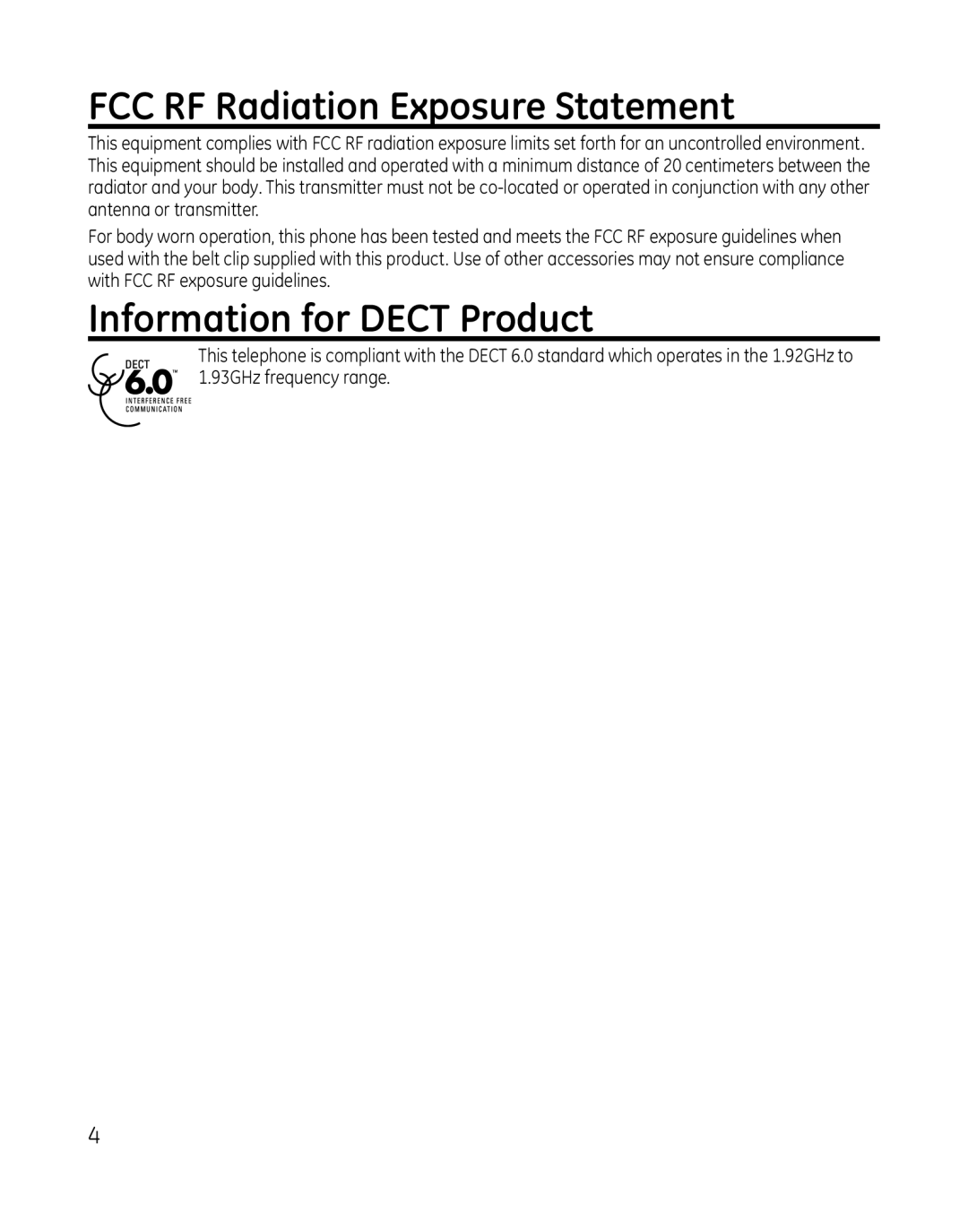 GE 28165xx2, 28165xx6, 28166, 28165xx3, 28165xx5, 28165xx4 FCC RF Radiation Exposure Statement, Information for Dect Product 