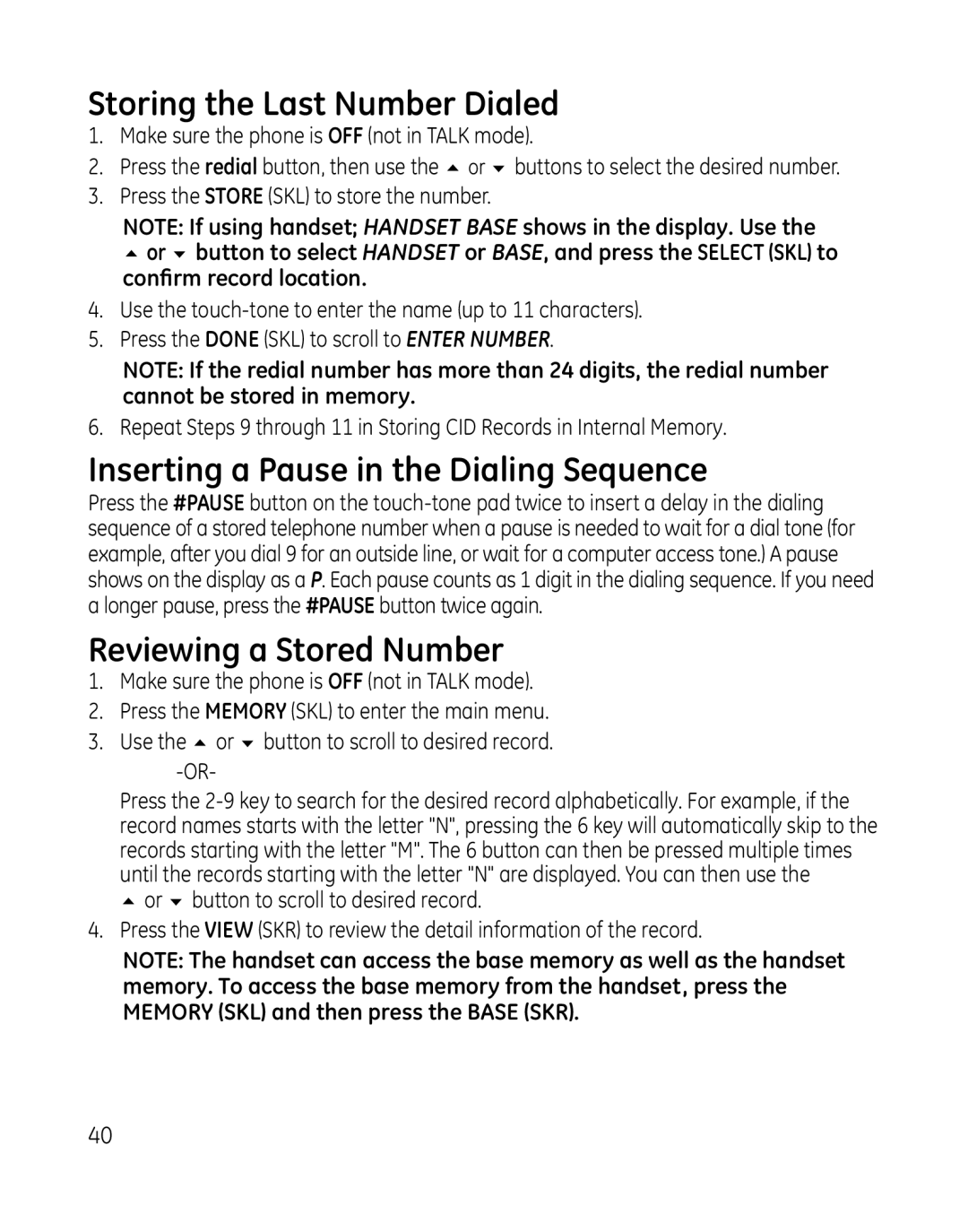 GE 28165xx2, 28165xx6 Storing the Last Number Dialed, Inserting a Pause in the Dialing Sequence, Reviewing a Stored Number 