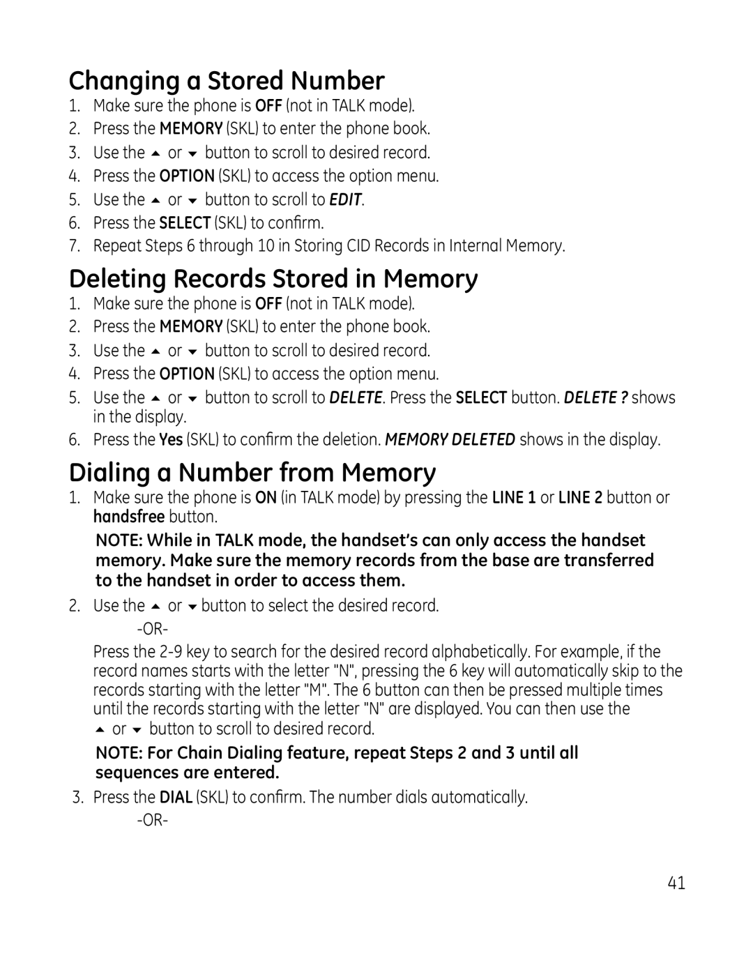 GE 28165xx6, 28166, 28165xx3 Changing a Stored Number, Deleting Records Stored in Memory, Dialing a Number from Memory 