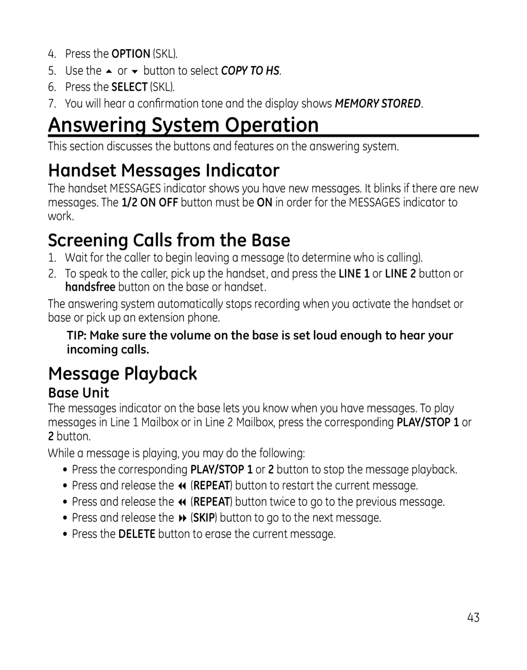 GE 28165xx4, 28166 Answering System Operation, Handset Messages Indicator, Screening Calls from the Base, Message Playback 