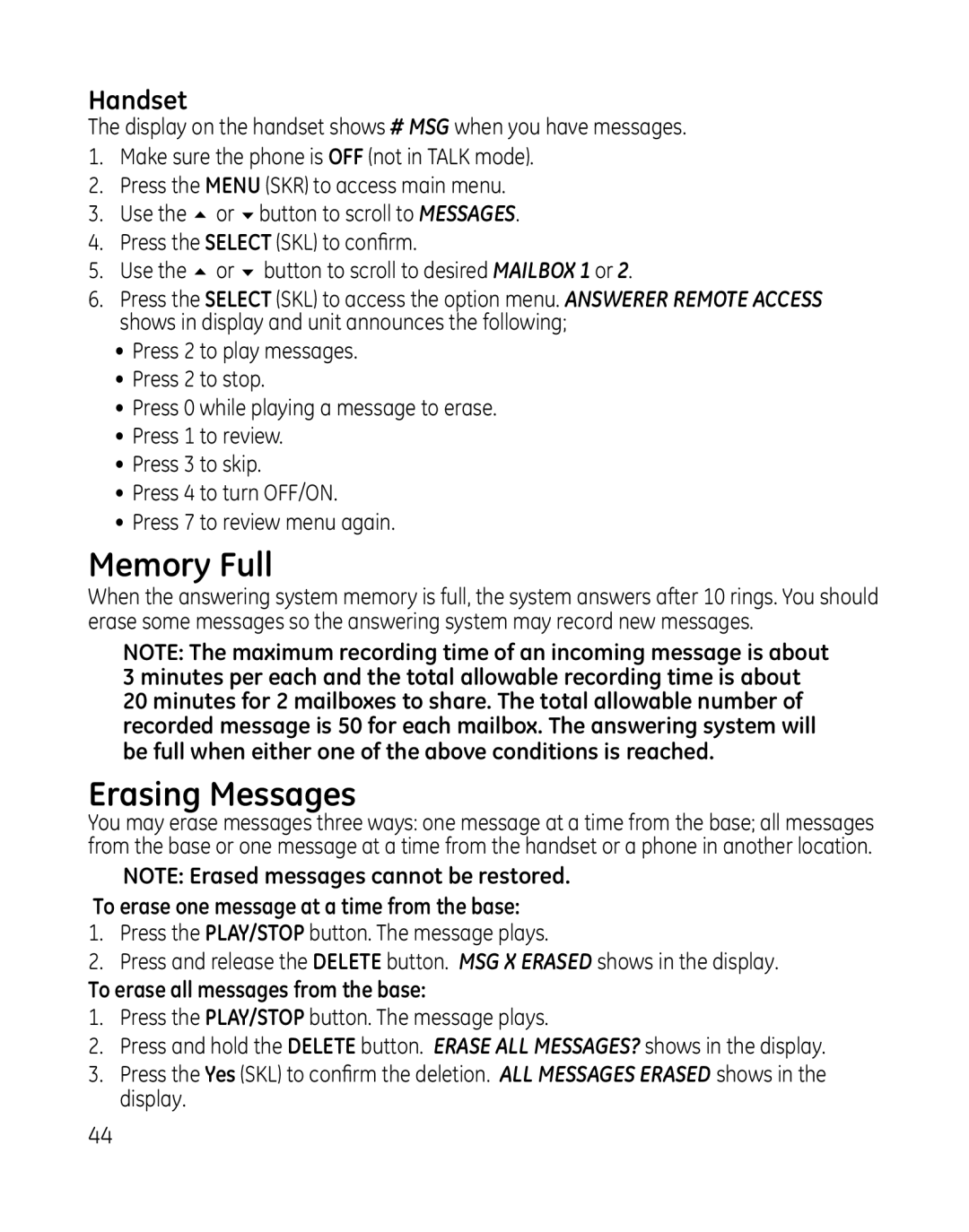 GE 0007634, 28165xx6, 28166 manual Memory Full, Erasing Messages, Handset, To erase one message at a time from the base 