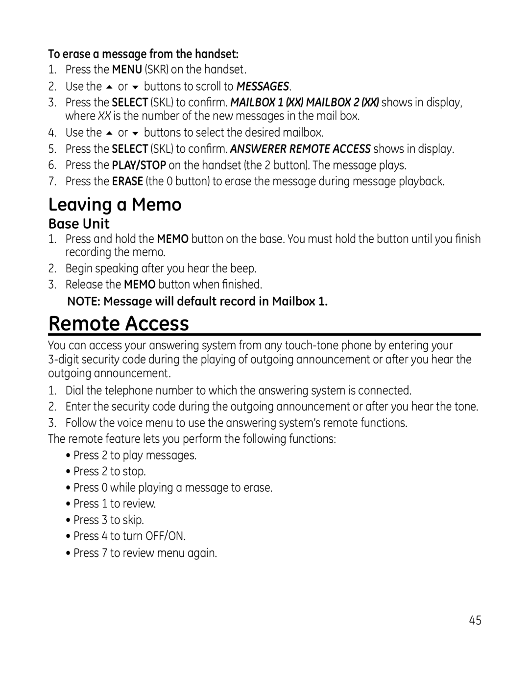 GE 28165xx6, 28166, 28165xx3, 28165xx2, 28165xx5 manual Remote Access, Leaving a Memo, To erase a message from the handset 