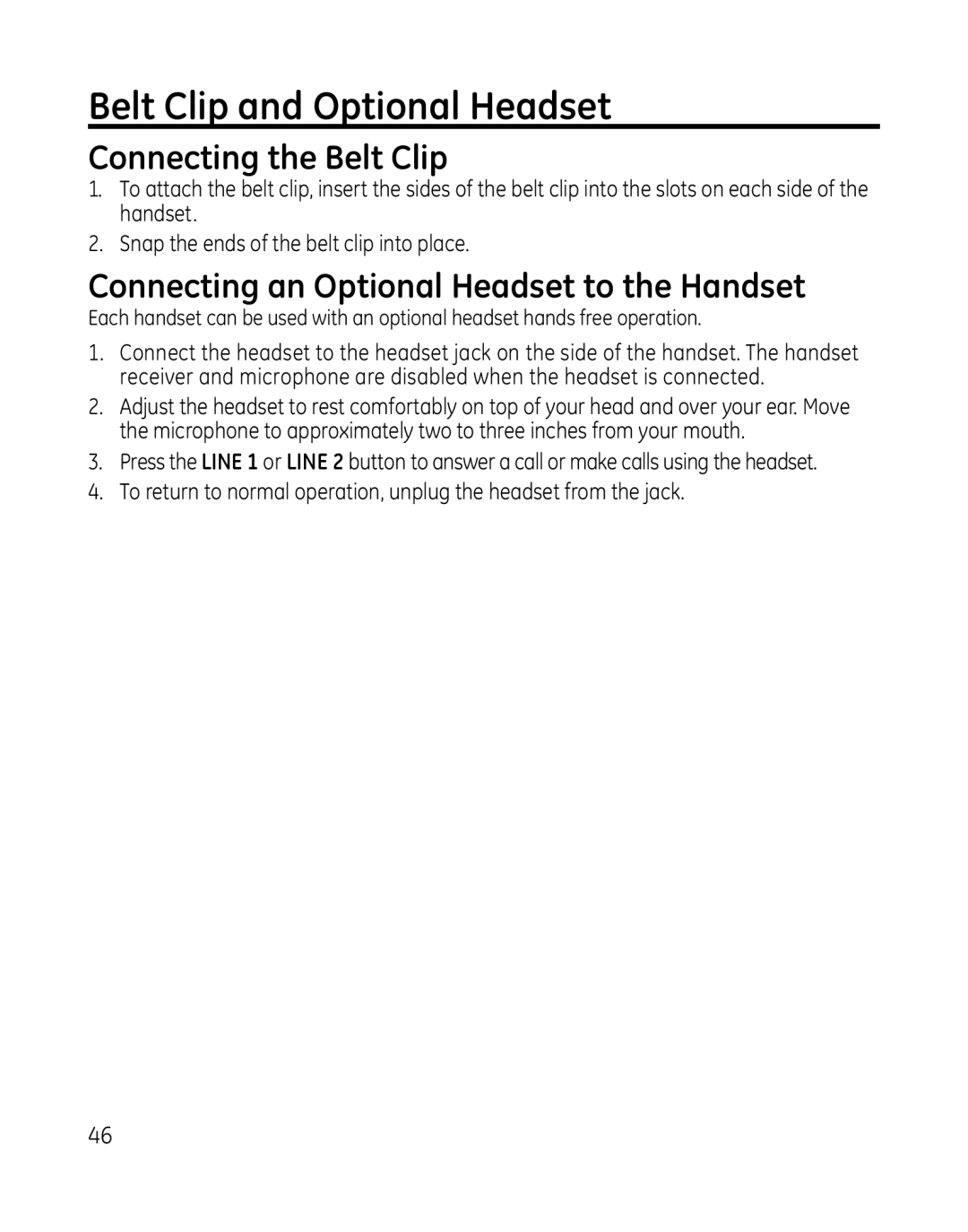 GE 28165xx6, 28166 Belt Clip and Optional Headset, Connecting the Belt Clip, Connecting an Optional Headset to the Handset 