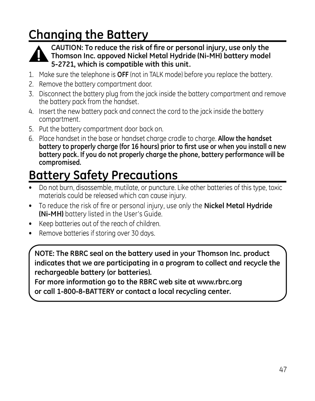 GE 28166, 28165xx6, 28165xx3, 28165xx2, 28165xx5, 28165xx4, 0007634 manual Changing the Battery, Battery Safety Precautions 