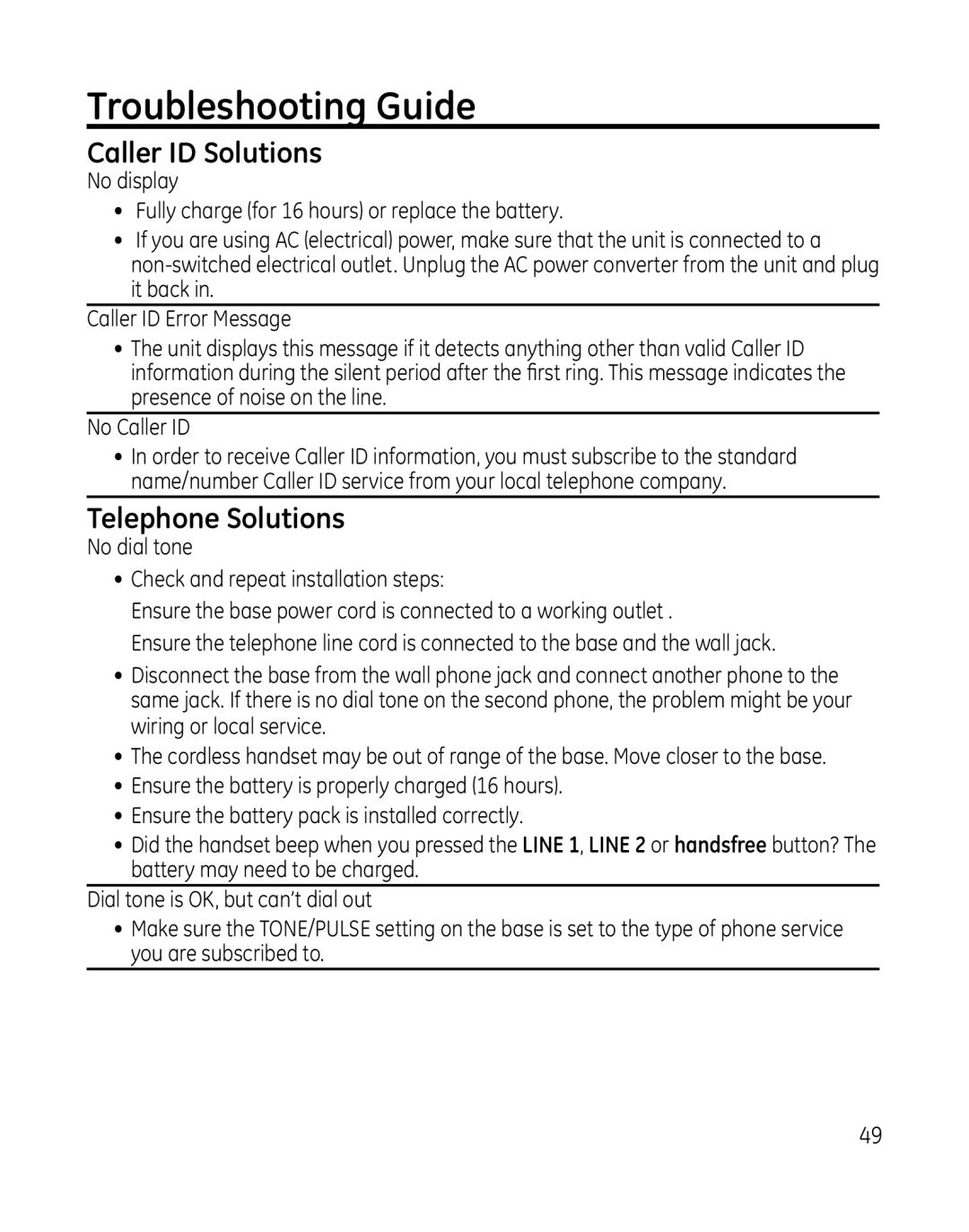 GE 28165xx2, 28165xx6, 28166, 28165xx3, 28165xx5, 28165xx4 Troubleshooting Guide, Caller ID Solutions, Telephone Solutions 