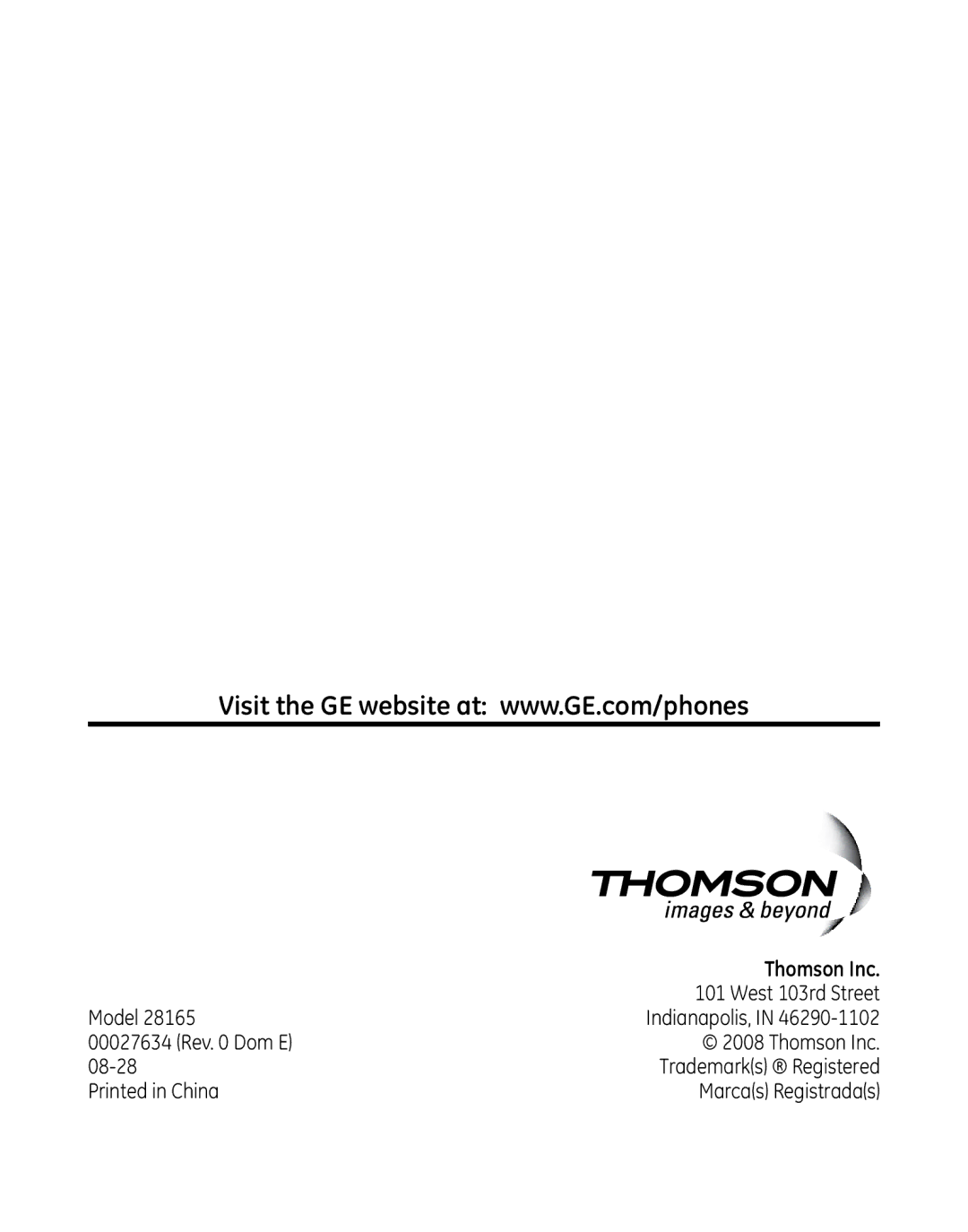 GE 28165xx5, 28165xx6, 28166, 28165xx3, 28165xx2, 28165xx4, 0007634 manual Thomson Inc 