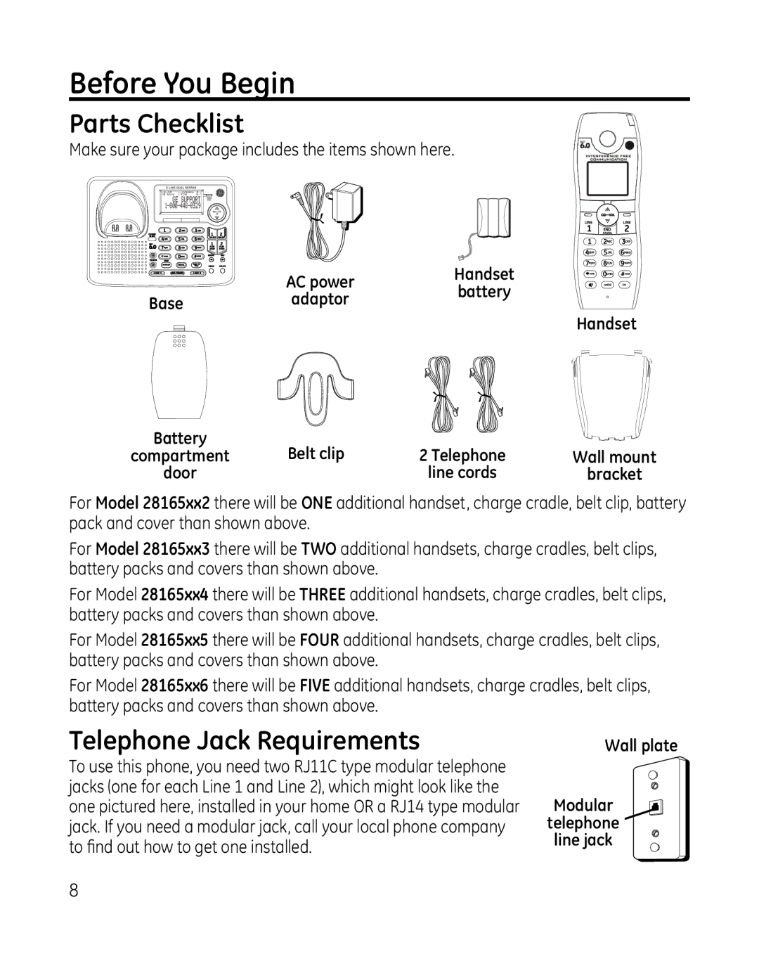 GE 0007634, 28165xx6, 28166, 28165xx3, 28165xx2, 28165xx5 Before You Begin, Parts Checklist, Telephone Jack Requirements 