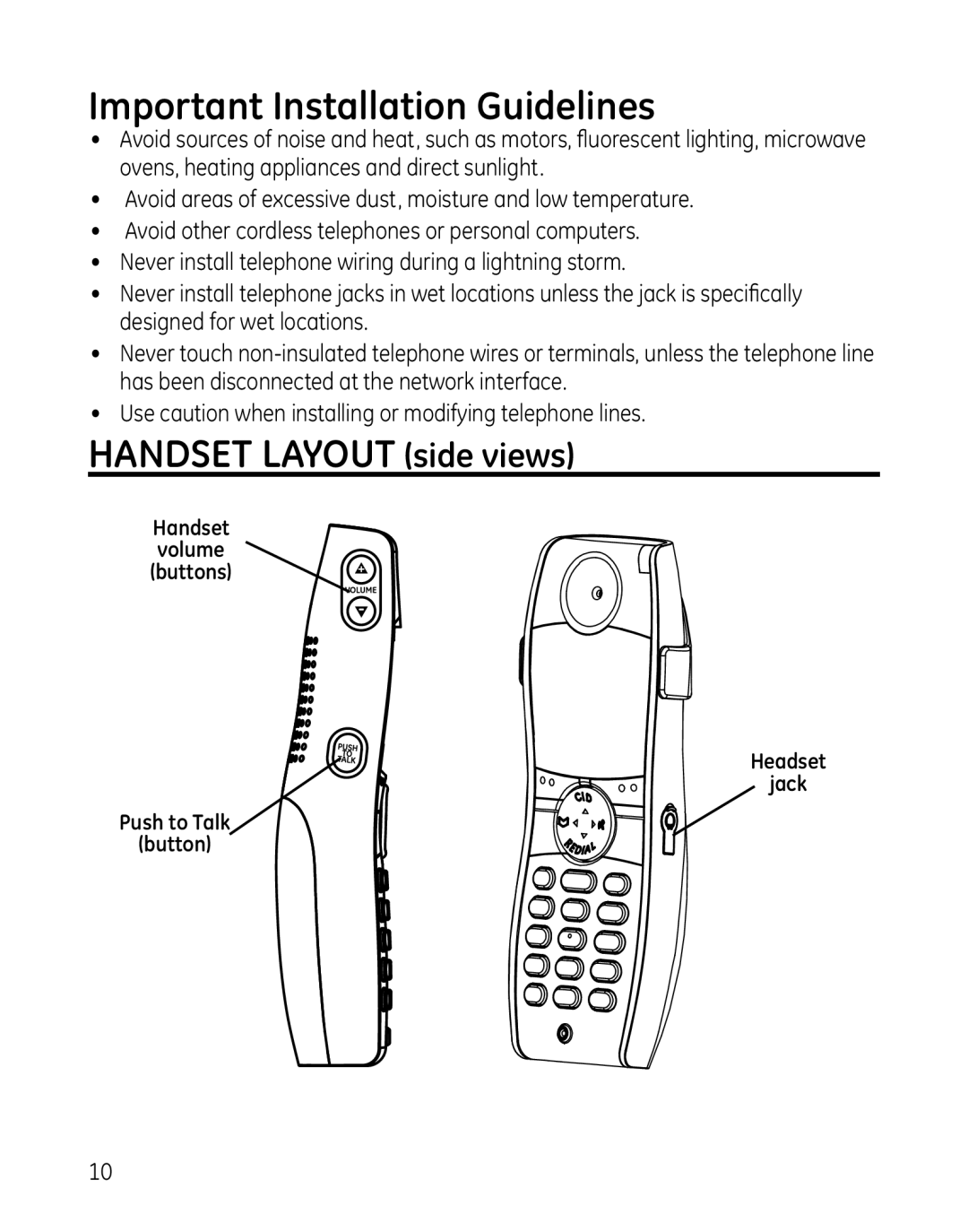 GE 28129xx5, 819, 28129xx6, 28129xx4, 28129xx3, 28129xx2, 0005374 Important Installation Guidelines, Handset Layout side views 