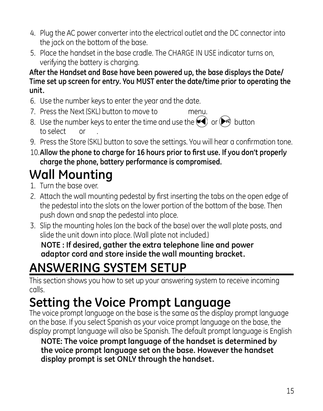 GE 0005374, 819, 28129xx6, 28129xx5, 28129xx4 manual Wall Mounting, Answering System Setup, Setting the Voice Prompt Language 