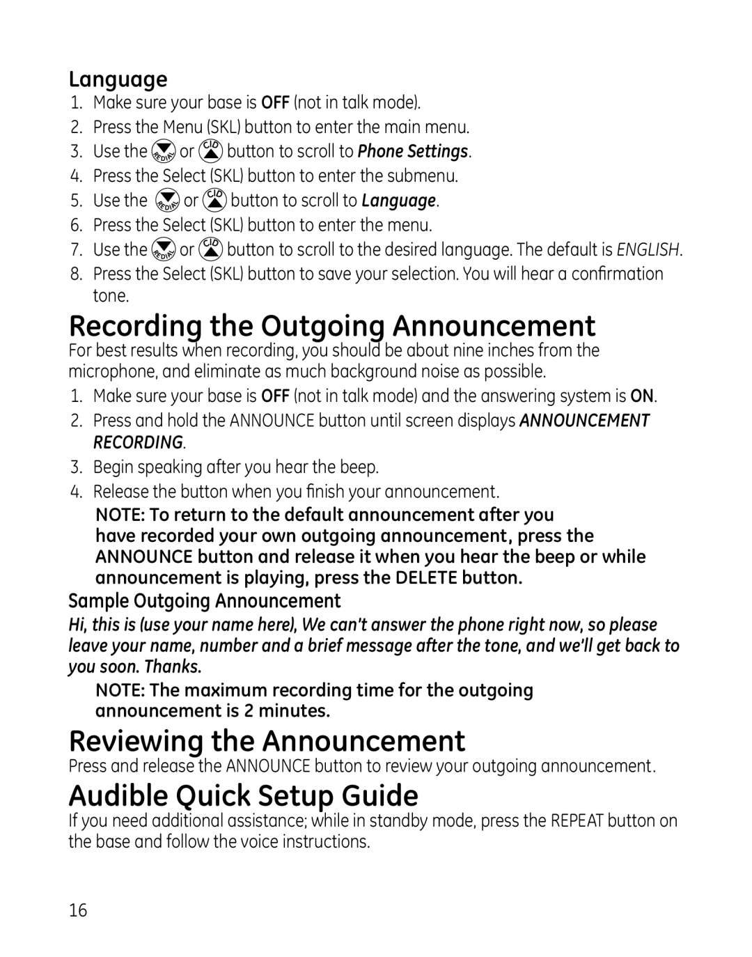 GE 819, 28129xx6 manual Recording the Outgoing Announcement, Reviewing the Announcement, Audible Quick Setup Guide, Language 