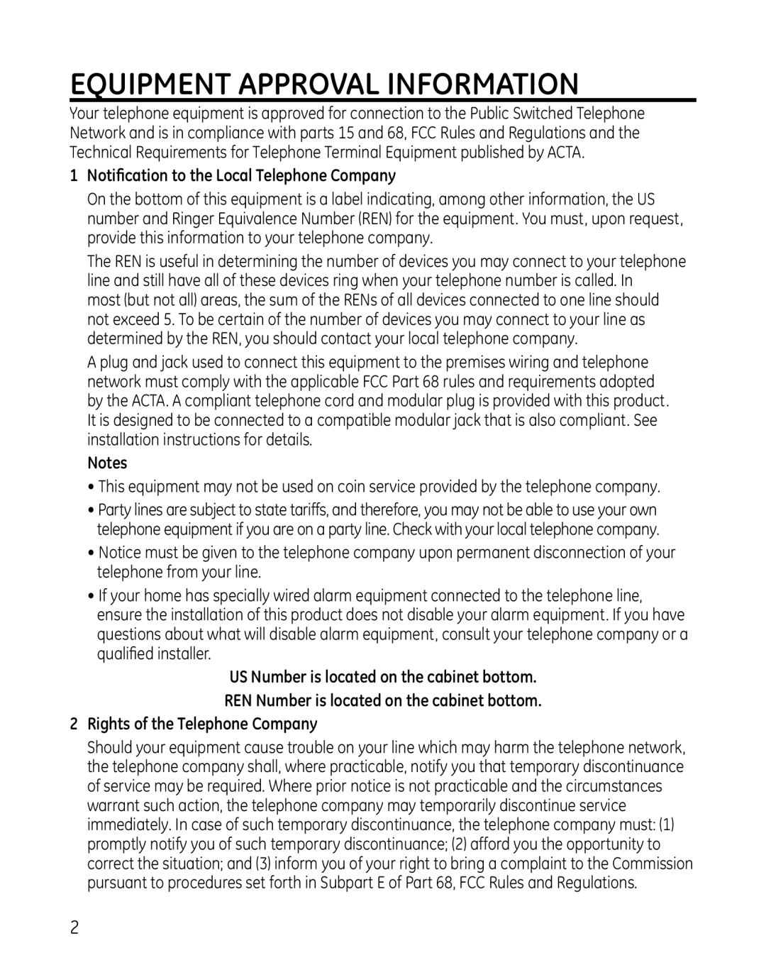 GE 28129xx5, 819, 28129xx6, 28129xx4, 28129xx3 Equipment Approval Information, Notification to the Local Telephone Company 