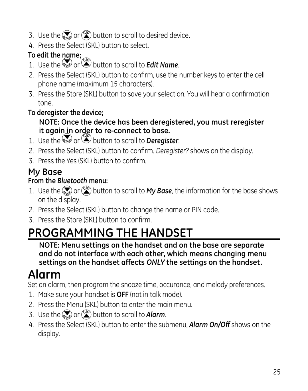 GE 28129xx6, 819, 28129xx5, 28129xx4 manual Programming the Handset Alarm, My Base, To edit the name, To deregister the device 