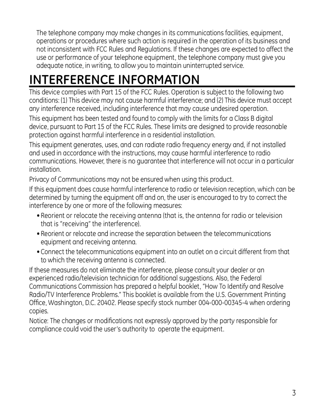 GE 28129xx4, 819, 28129xx6, 28129xx5, 28129xx3, 28129xx2, 0005374 manual Interference Information 