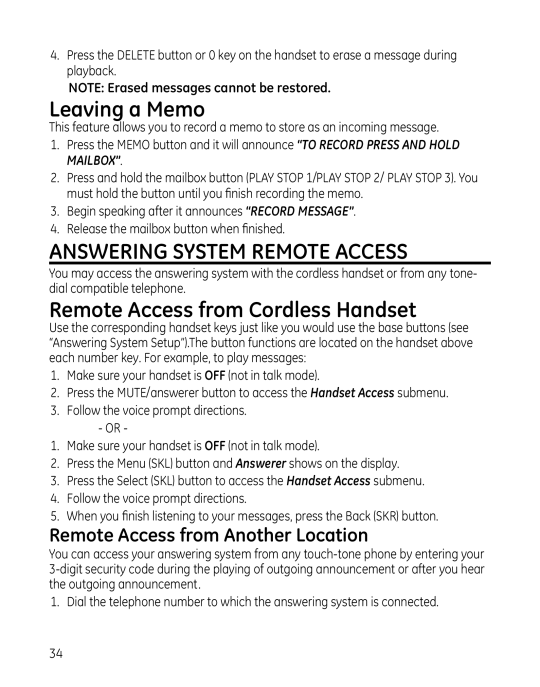 GE 28129xx5, 819, 28129xx6, 28129xx4 Leaving a Memo, Answering System Remote Access, Remote Access from Cordless Handset 