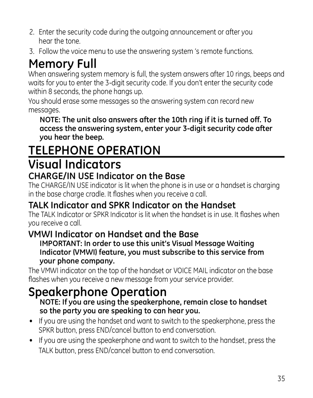 GE 28129xx4, 819 manual Telephone Operation Visual Indicators, Speakerphone Operation, CHARGE/IN USE Indicator on the Base 