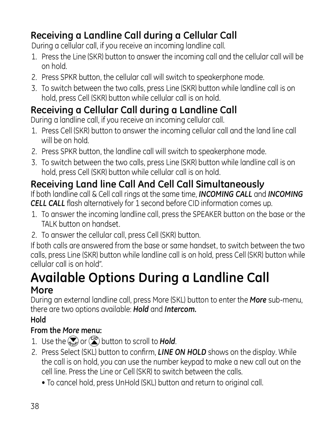 GE 28129xx2, 819, 28129xx6 Available Options During a Landline Call, Receiving a Landline Call during a Cellular Call, More 