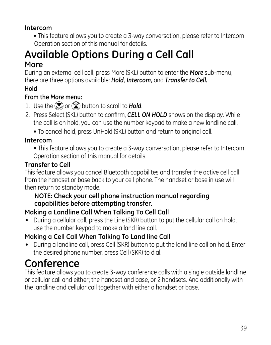 GE 0005374, 819, 28129xx6, 28129xx5, 28129xx4, 28129xx3, 28129xx2 manual Available Options During a Cell Call, Conference 