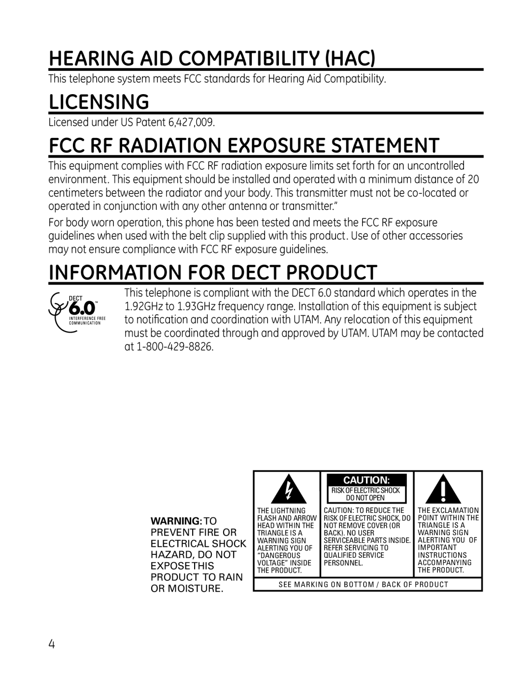 GE 28129, 819 Hearing Aid Compatibility HAC, Licensing, FCC RF Radiation Exposure Statement, Information for Dect Product 